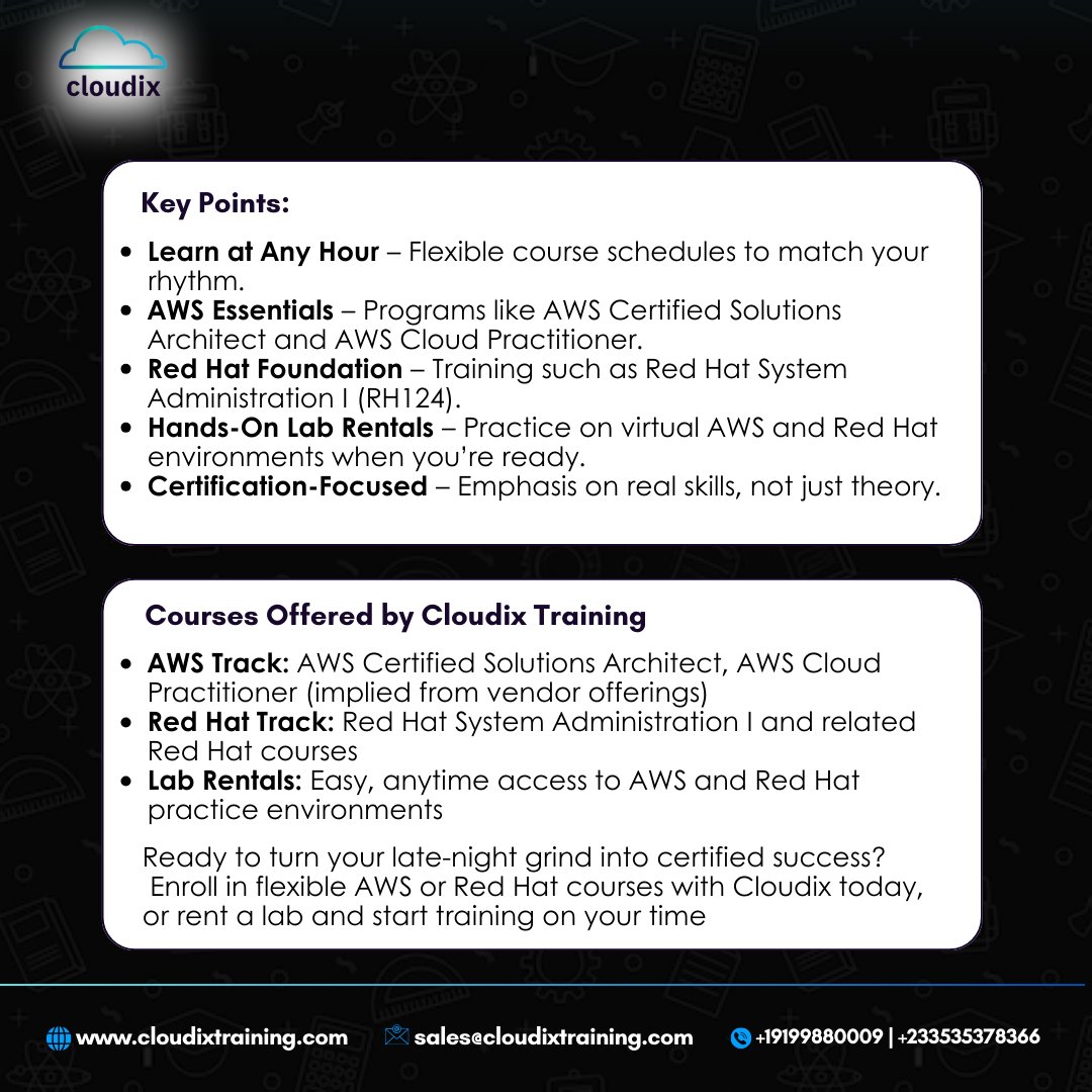 CloudixT's tweet photo. Enroll in flexible AWS or Red Hat courses with Cloudix today, or rent a lab and start training on your time.
#LearnOnYourTime #NightOwlLearners #AWS #RedHat #CloudCertifications #HandsOnLabs #CloudixTraining #flavour #FlexibleLearning #ShattaWale #cloudixt https://t.co/wmMTp9kClY