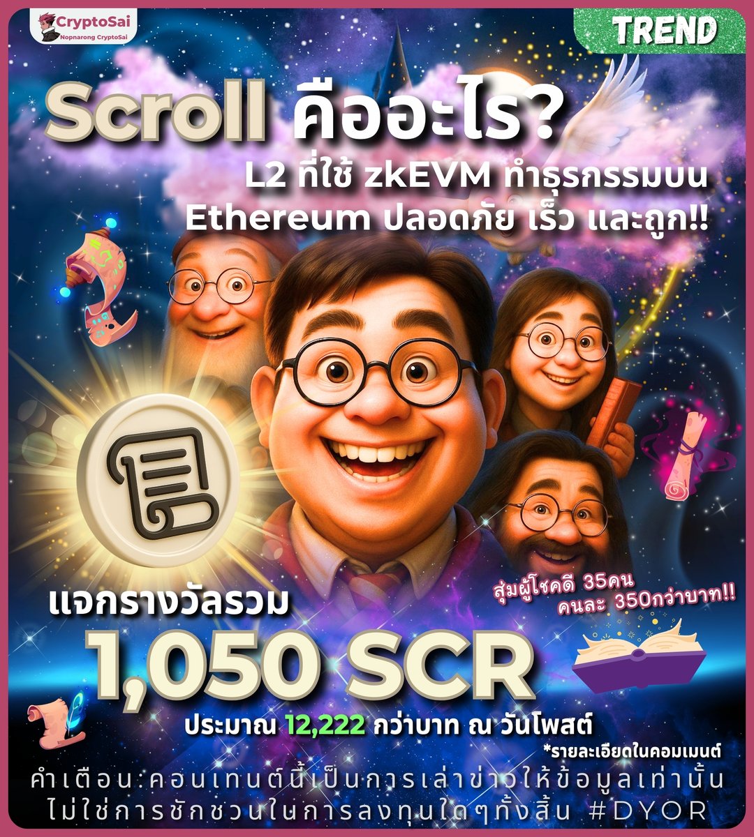 CryptoSaiV2's tweet image. Scroll คืออะไร? 🌟
⚡L2 ที่ใช้ zkEVM ทำธุรกรรมบน Ethereum ปลอดภัย เร็ว และถูก!!
.
@Scroll_ZKP

#Scroll #SCR #CryptoSai
🥰🥰🥰
.
📜Scroll บล็อกเชน Layer 2 ที่ถูกสร้างขึ้นเพื่อแก้ปัญหาความแออัด และค่าธรรมเนียมสูงของ Ethereum โดยใช้เทคโนโลยี Zero-Knowledge Rollup (zk-Rollup)