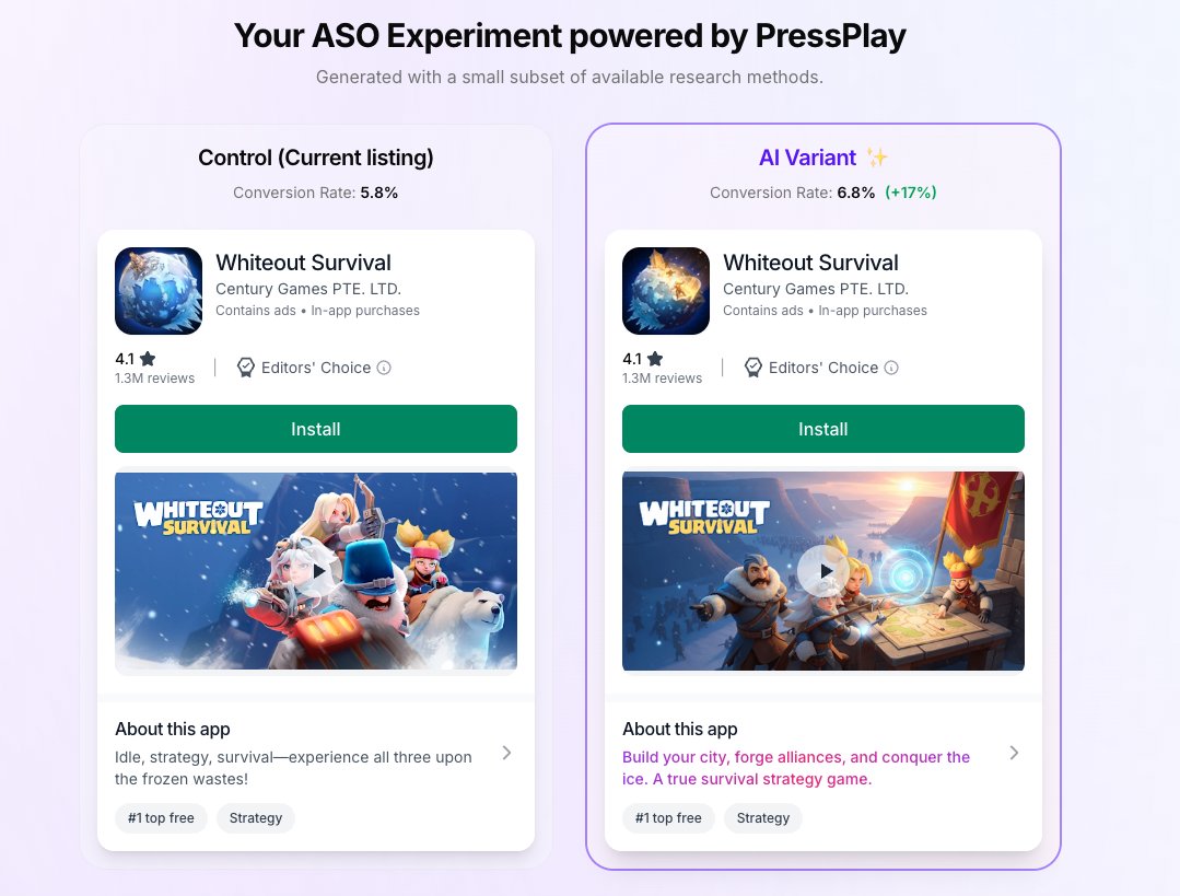 moritzdaan's tweet image. We’ve launched PressPlay Instant Preview (free). Paste a Google Play app URL and get a side-by-side Control vs AI Variant mock of an A/B test in minutes. pressplay.run/preview #aso #appstoreoptimization