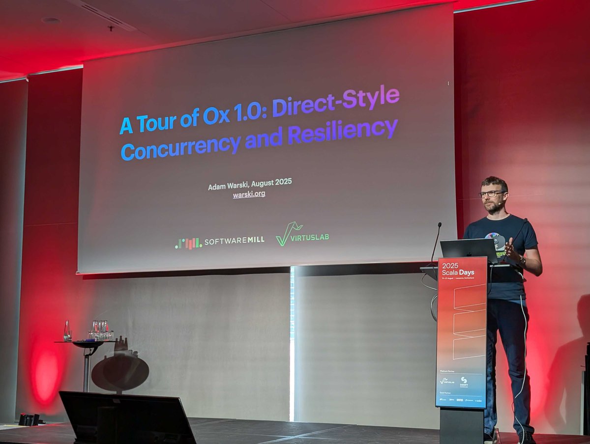 SoftwareMill (@softwaremill) on Twitter photo Now on the Scala Days stage: <a href="/adamwarski/">Adam Warski</a> with his talk: A Tour of Ox 1.0: Direct-Style Concurrency and Resiliency 🔥
And don't miss tomorrow's <a href="/magdastozek/">Magda Stożek</a> talk at 14:50!
#scaladays #scala #ox #functionalprogramming Now on the Scala Days stage: <a href="/adamwarski/">Adam Warski</a> with his talk: A Tour of Ox 1.0: Direct-Style Concurrency and Resiliency 🔥
And don't miss tomorrow's <a href="/magdastozek/">Magda Stożek</a> talk at 14:50!
#scaladays #scala #ox #functionalprogramming