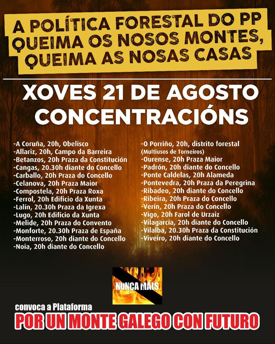 Este xoves 21 toda Galiza sae ás rúas para berrar #LumesNuncaMáis. 
Contra o capitalismo extrativista que depreda o rural. 
✅Por un servizo público de prevención e extinción de incendios. 
✅Por un cambio radical de modelo forestal cunha planificación democrática do territorio.