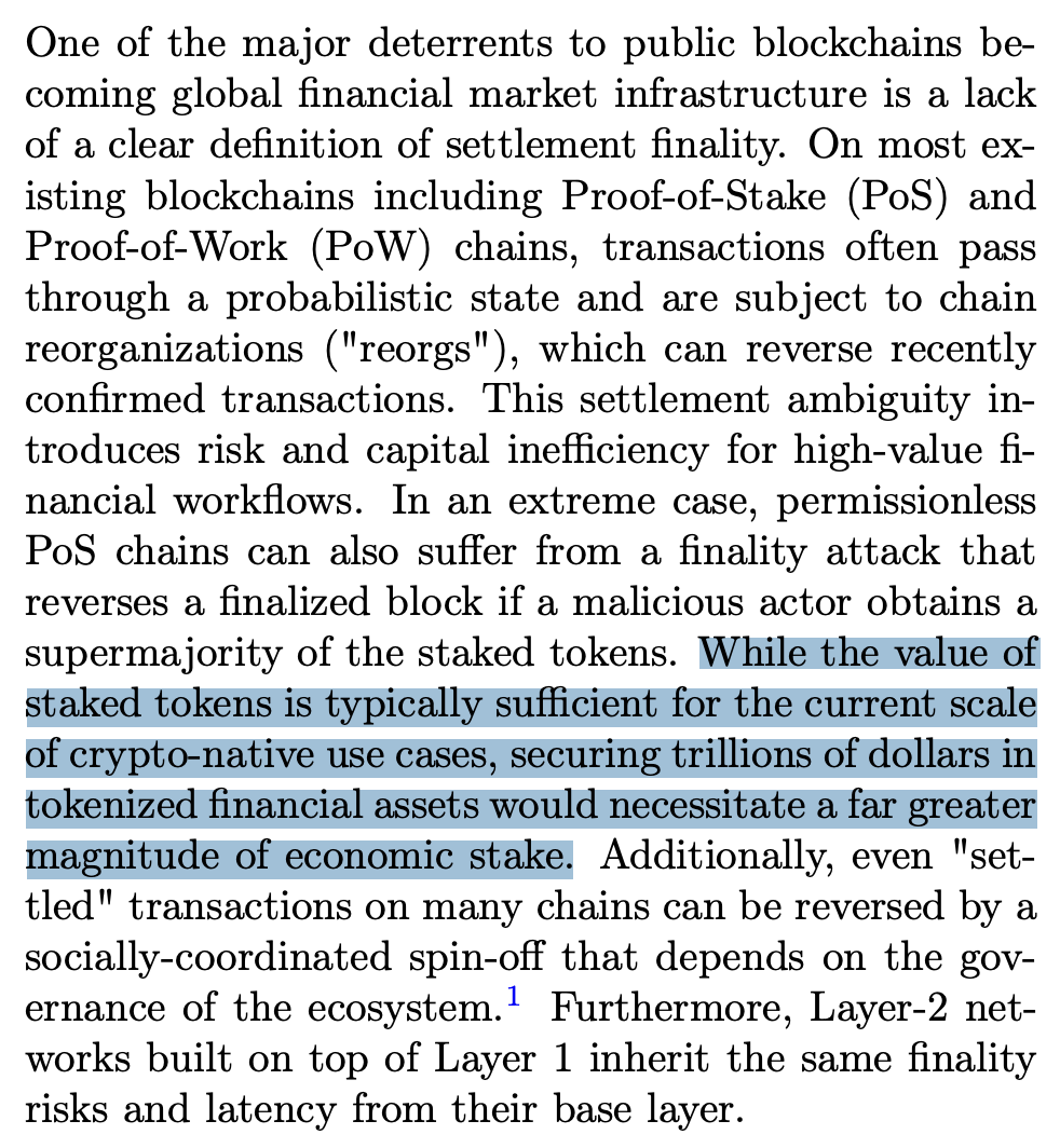 Screenshot from Arc litepaper discussing settlement finality and stake requirements