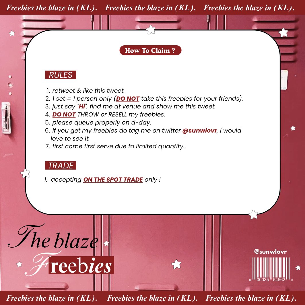 ꒰ ★ ⋆ hi deobis ⋆ ⸝⸝ 

i'll be giving away these freebies at the boyz the blaze world tour in kuala lumpur #THEBOYZinKL #THEBLAZEinKL ★

✧ 18th october 2025 (sat)
✧ at idea live arena, KL 

please read the rules especially for trade, see you guys there .ᐟ