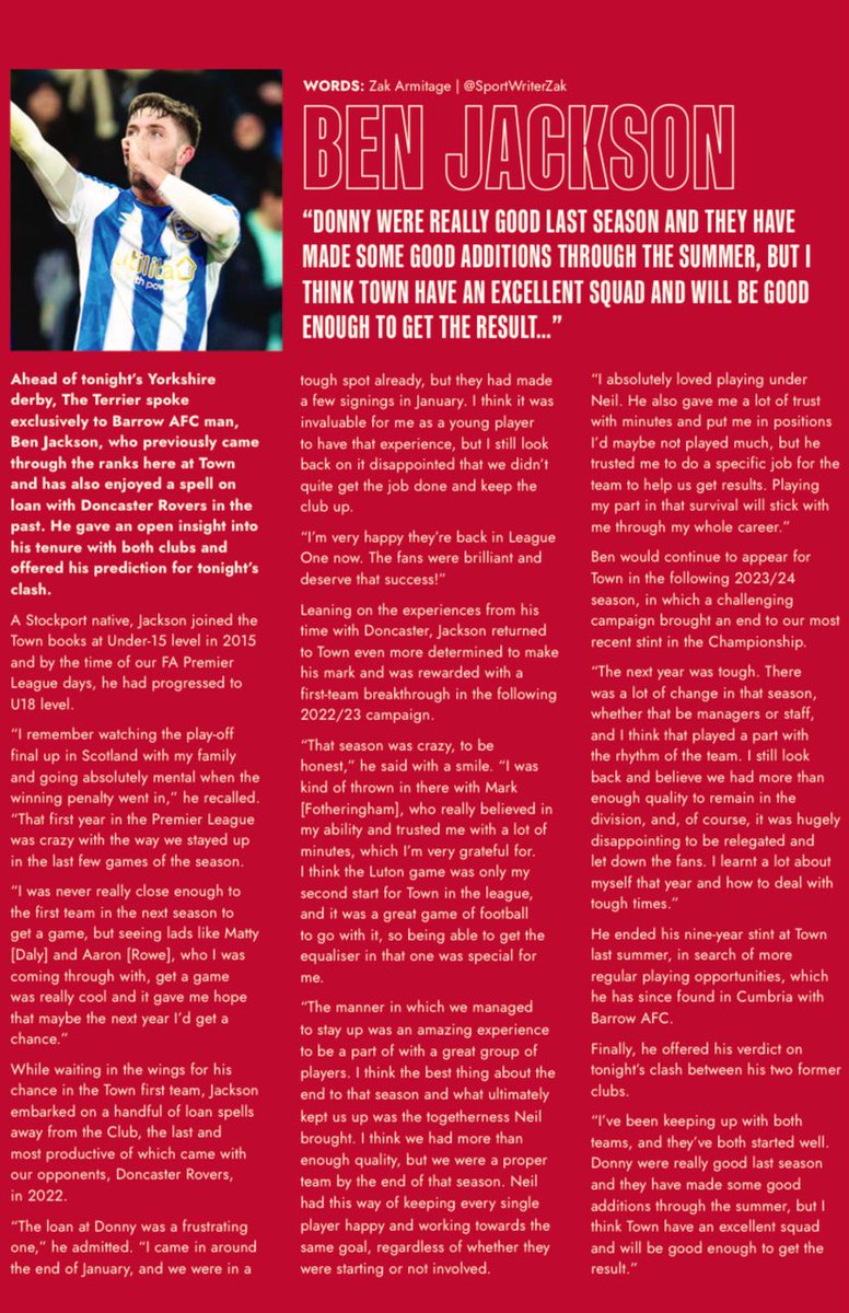 Zak 🇫🇷🇫🇷🇫🇷 (@sportwriterzak) on Twitter photo ✍️ Really enjoyed writing this interview piece with <a href="/benjxckson/">Ben Jackson</a> for the <a href="/htafc/">Huddersfield Town</a> programme last night.
He reflected well on his time with both #htafc and #drfc - describing his loan stint with Donny as ‘invaluable’, while also recalling his days here in HD1 under Neil Warnock!
👇 ✍️ Really enjoyed writing this interview piece with <a href="/benjxckson/">Ben Jackson</a> for the <a href="/htafc/">Huddersfield Town</a> programme last night.
He reflected well on his time with both #htafc and #drfc - describing his loan stint with Donny as ‘invaluable’, while also recalling his days here in HD1 under Neil Warnock!
👇
