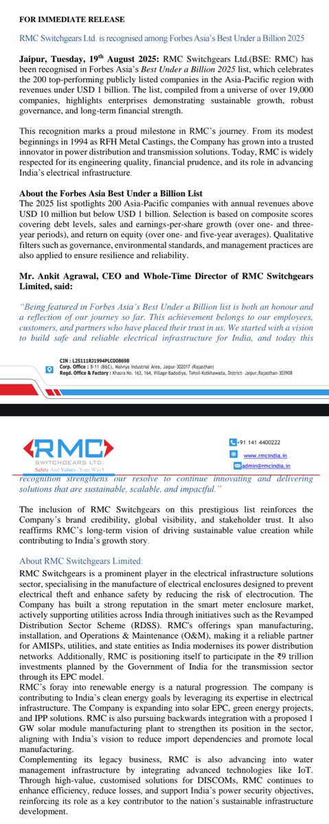 RamK132's tweet photo. #rmcswitchgears #RMCswitchgear RMC Switchgears Ltd. is electrifying the market with extraordinary growth and global recognition! ⚡
The company is not only recognized on Forbes Asia's prestigious "Best Under a Billion 2025" list but has also delivered phenomenal recent results.
Here are the numbers that speak for themselves:
✅ Revenue surged by +150.42% YoY.
✅ Net Income jumped by a staggering +211.22% YoY.
✅ Diluted EPS saw a massive increase of +207.25% YoY.
This incredible performance is driven by its core focus on smart meter enclosures and pioneering solutions for India’s clean energy and electrical infrastructure. RMC Switchgears is a true #MadeInIndia success story!
#RMC #Switchgears #ForbesAsia #StockMarket #Sustainability #CleanEnergy #MakeInIndia
✍️ Disclaimer: I am not SEBI registered. This is for informational purposes only. This post should not be considered as an investment advice as this could be my biased opinion.