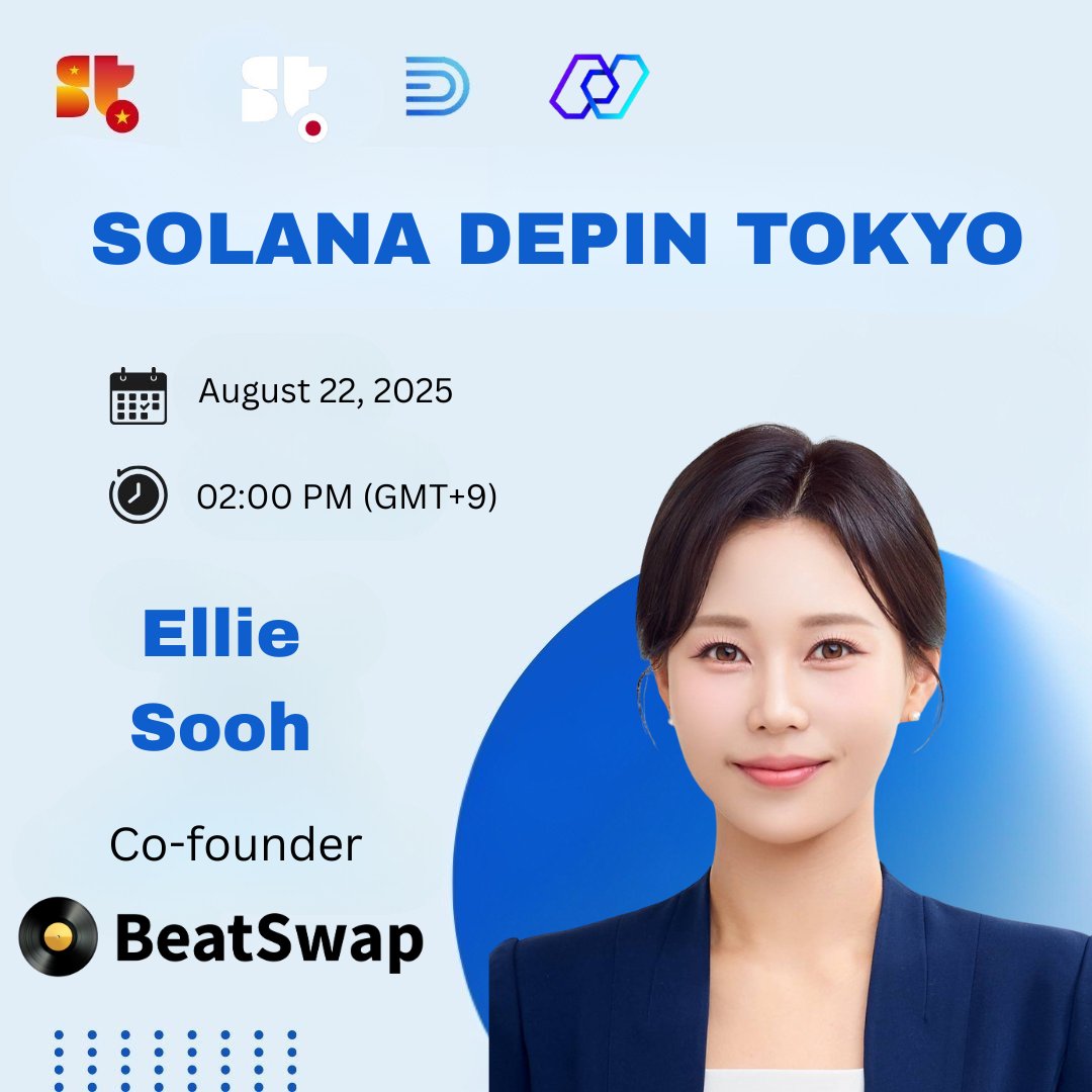 stableasia's tweet photo. Ellie Sooh, Co-founder @BeatXswap , is joining SOLANA DEPIN TOKYO 🚀

💡Discover how BeatSwap is pioneering a Web3-native DePIN  model tailored to the global music industry.
She will share how the platform bridges musicians, fans, and investors through decentralized ownership. 

📍Tokyo Startup Village, Toyosu Bayside Cross 
🎟️ https://t.co/rgXhlf9RwW