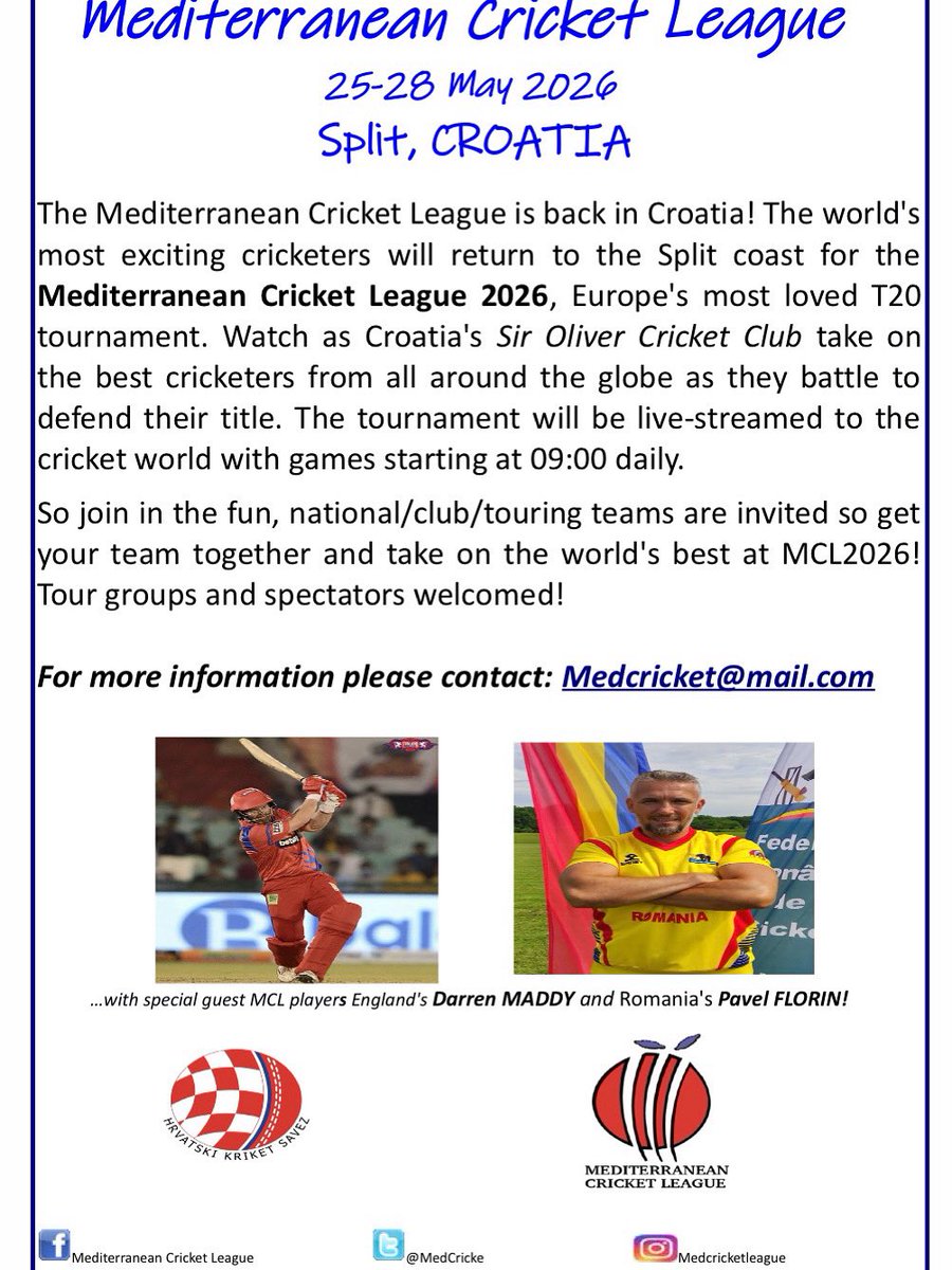 It’s GO time!!!!!🇭🇷🏏💪 

#MediterraneanCricketLeague #MCL2026 #Split #Croatia #T20 #SirOliverCricketClub #CroatianCricketFederation #SimonKatich #BradHogg #DarrenMaddy #PavelFlorin #25-28May2026
