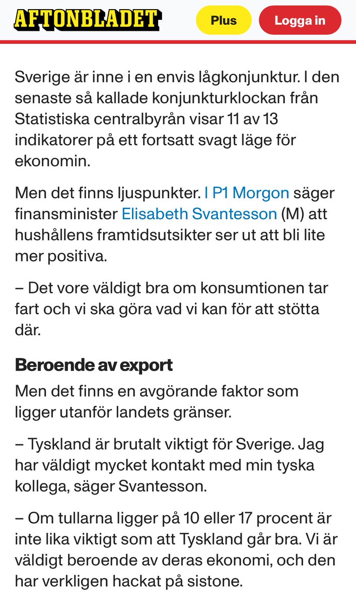 Svagt av Aftonbladet

Här köper man finansministerns spin rakt av att det skulle vara Tyskland som ligger bakom lågkonjunkturen i Sverige. Hade de kollat de här indikatorerna hade de sett att det inte alls är hushållens ekonomi som är ljuspunkten utan just exporten