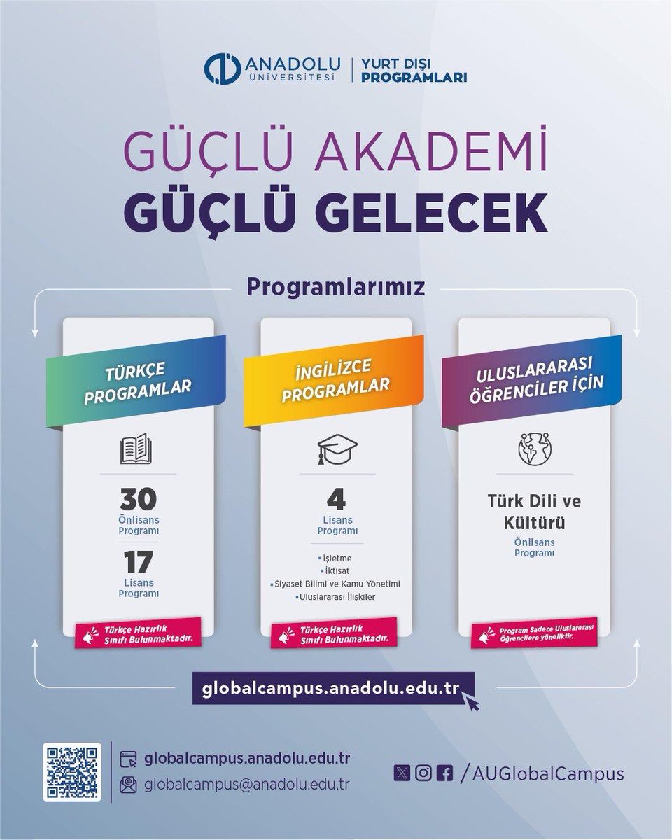 Anadolu Üniversitesi'nin yurtdışı programı kapsamında, yurtdışında yaşayan vatandaşlarımız ve yabancılara yönelik Türk dili ve kültürü ile 50’den fazla çevrimiçi lisans programı başlatılmıştır. 

Detaylı bilgi için: globalcampus.anadolu.edu.tr