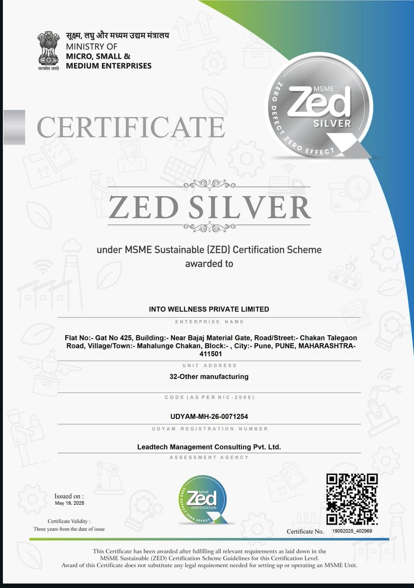 Into_Wellness's tweet photo. We’re proud to announce that Into Wellness is now ZED Silver Certified! 🏅

This milestone marks a significant achievement in our commitment to building a world-class, sustainable, and quality-driven manufacturing ecosystem.

#ZEDSilver #MSME #ZeroDefectZeroEffect #IntoWellness https://t.co/k9lijr555x