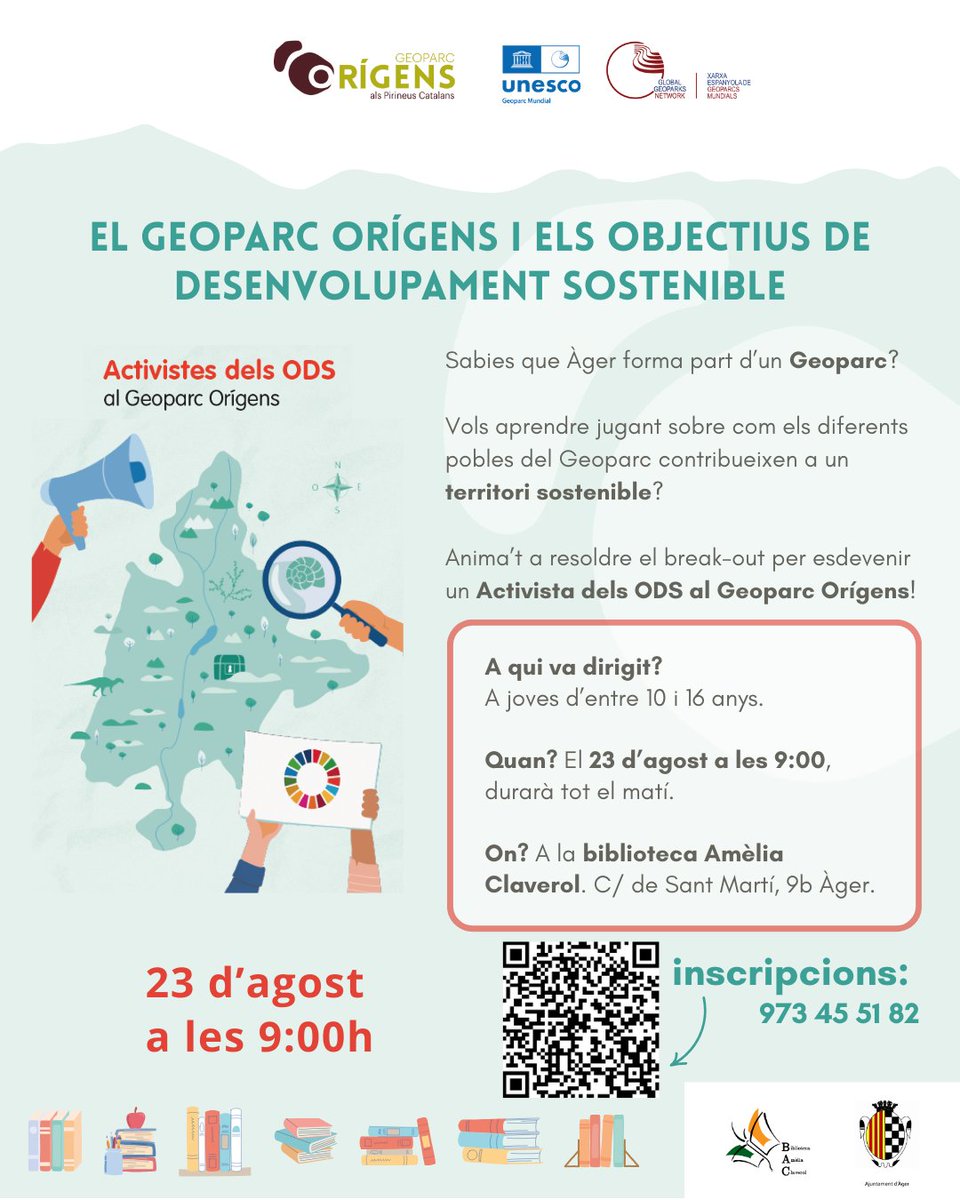 Apunta’t a descobrir què és un Geoparc i com els pobles que en formen part contribueixen a millorar la vida de les persones i protegir el planeta. 

📅 23 d'agost
📍 Biblioteca Amèlia Claverol, Àger
⏰ 9h
🧒👦👧 Públic infantil i juvenil

📋Inscripció: ja.cat/Inscripcions_A…