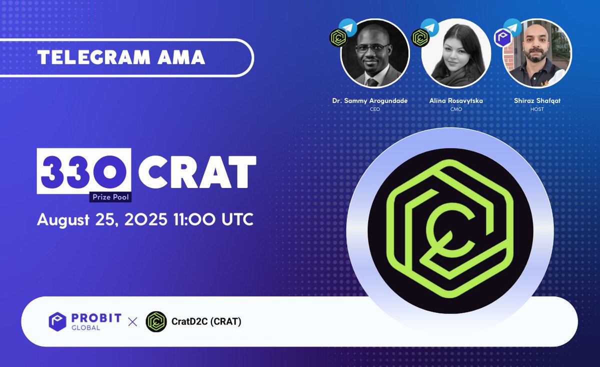 🚀 Join our upcoming AMA with CratD2C (CRAT)!

💰 Prize Pool: 330 $CRAT.
📅 August 25, 2025, 11:00 UTC.
📍 ProBit Global Official Telegram (t.me/ProBitGlobalOf…).

🎤 Event Segments:
➡️ Welcome CratD2C (CRAT) Team.
➡️ Ask your questions by leaving a comment on this X post