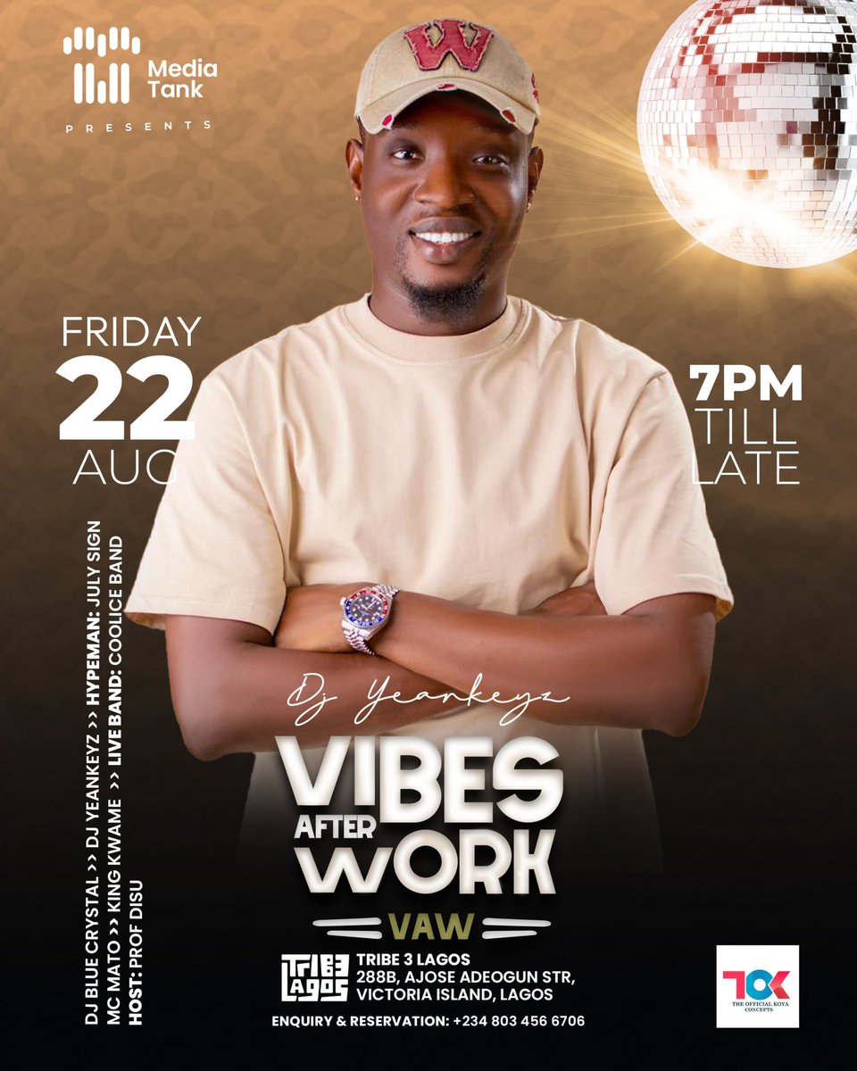vibesafterwork_'s tweet photo. #VibesAfterWork just got serious! 🔥
Catch @its_bluecrystal & @Djyeankeyz spinning the Wheel of Vibes live at Trib3 Lagos 🕺🏽💃
It’s time to VAW, people! https://t.co/iiecB1B4i3