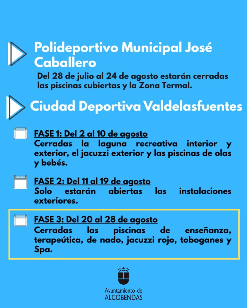 📣  Parada técnica en instalaciones deportivas de Alcobendas 🛠️💧
La Ciudad Deportiva Valdelasfuentes en fase 3 de cierre y el Polideportivo Municipal José Caballero, cerrado del 28/7 al 24/8.
🙏Gracias por vuestra comprensión
#AlcobendasEsDeporte #ParadaTécnica