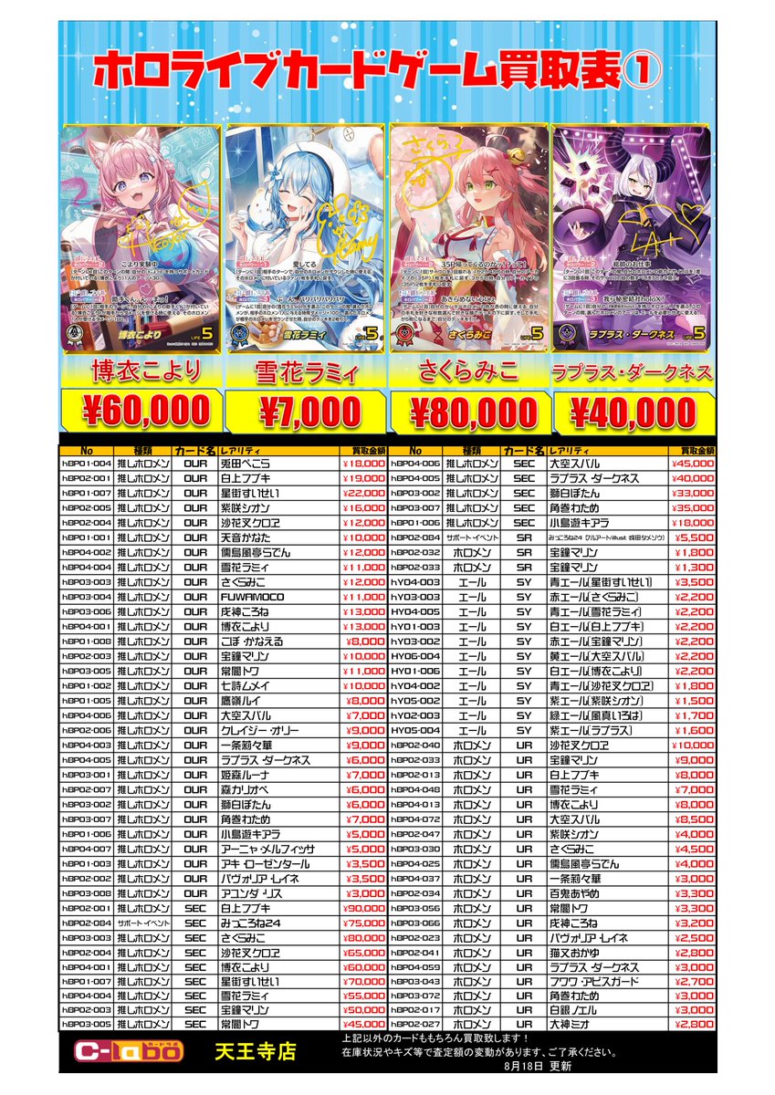 ホロカ 買取情報】8/18更新 ホロライブOCG 買取価格表☄ エールカード