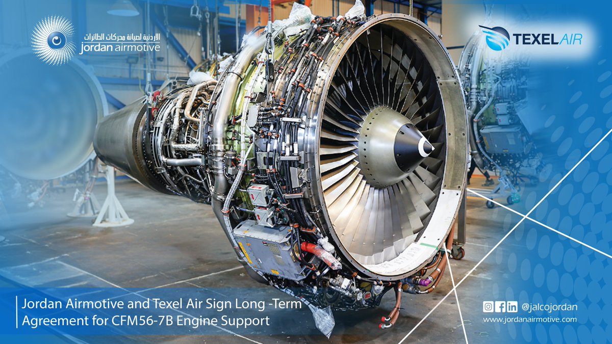 Jordan Airmotive is proud to partner with
<a href="/TexelAir/">Texel Air </a> in a long-term agreement to provide comprehensive CFM56-7B engine support.

For more info: shorturl.at/dcKeS

#JordanAirmotive #TexelAir #EngineMRO #CFM56 #JALCo #Aerospace #Partnership