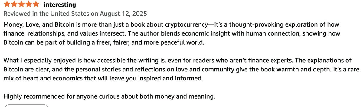 Another great Amazon review for Money, Love, and Bitcoin. Get your copy today and start on your path to creating a freer, fairer, and more peaceful world.