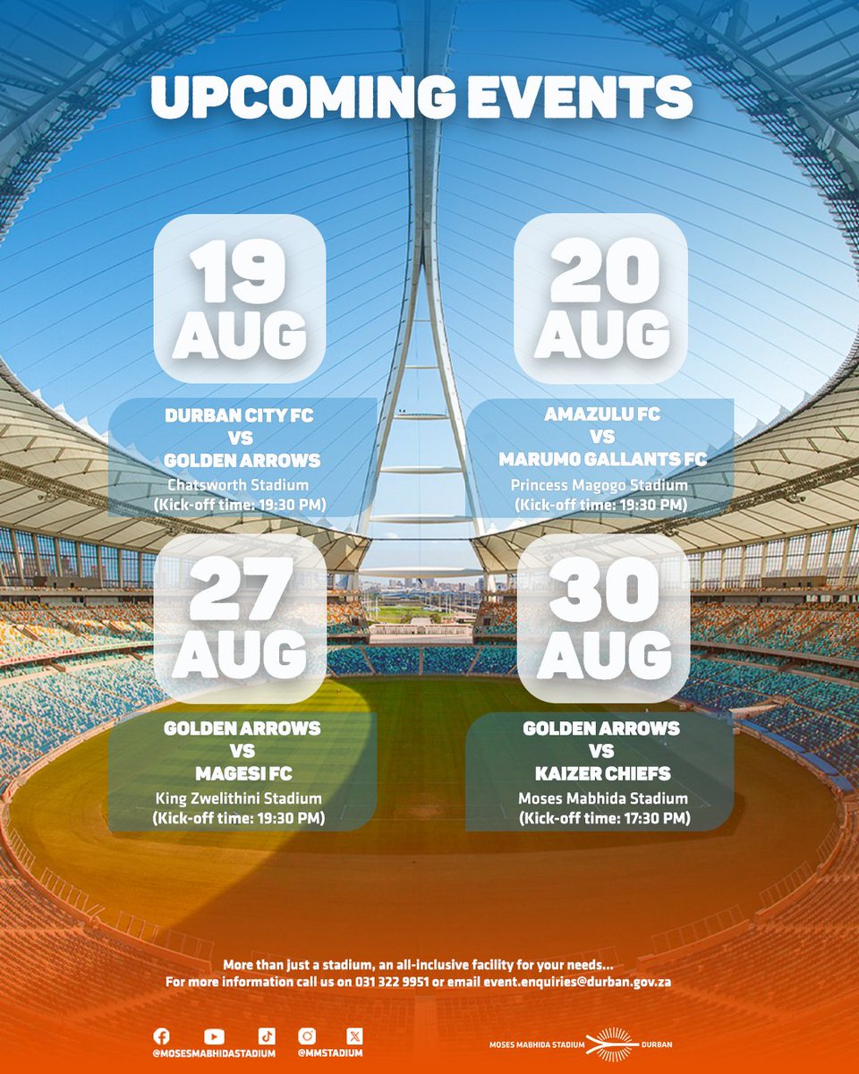 ⚽️Soccer Season is here! 🏟️

Stay tuned to all the action we will be sharing with you. 

Make sure to follow our socials for updates. 😉

#SoccerSeason #MosesMabhidaStadium #DurbanHasMore