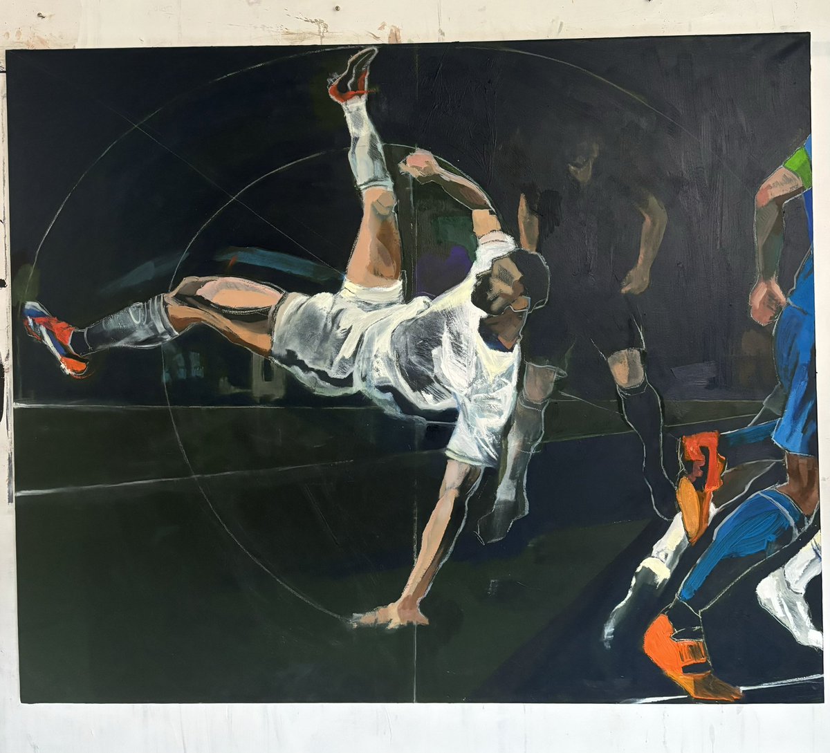 RebeccaIvatts's tweet photo. Memories of me painting Jude’s @BellinghamJude incredible bicycle kick in the Euros last summer! @DeeDbw @Bello1966 Think it would great to immortalise @Jobebellinghamm on canvas too! @henrywinter @England https://t.co/Rk2qyeaqXw