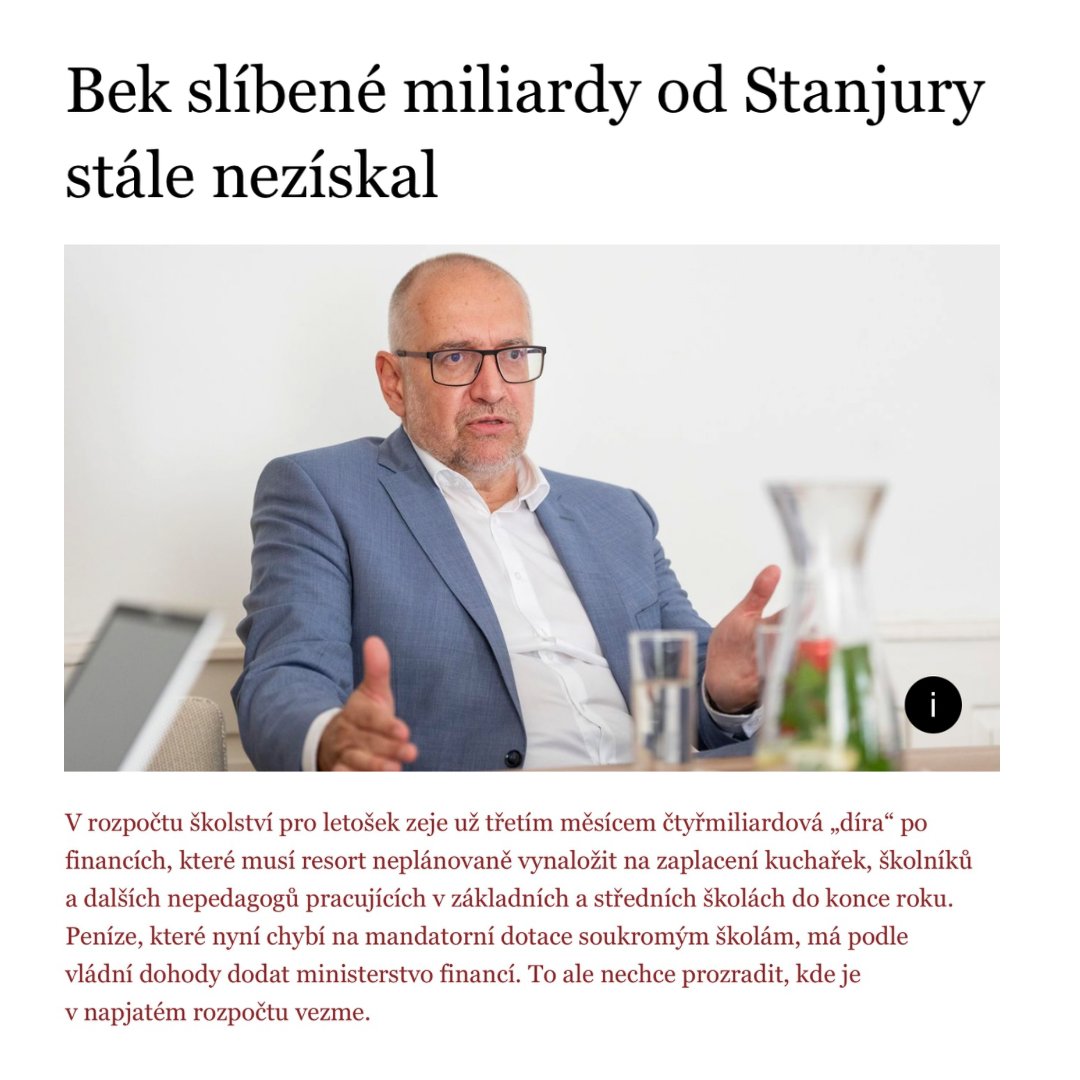 Tři měsíce po sobě vláda slibuje, že najde peníze na nepedagogické pracovníky – školníky, kuchařky, uklízečky. A tři měsíce se nic nestalo. Slíbili deset miliard, čtyři ale pořád nejsou. Už v červnu jsem se ve Sněmovně ptala, komu je vezmete? Protože nikdo vám nevěřil, že je