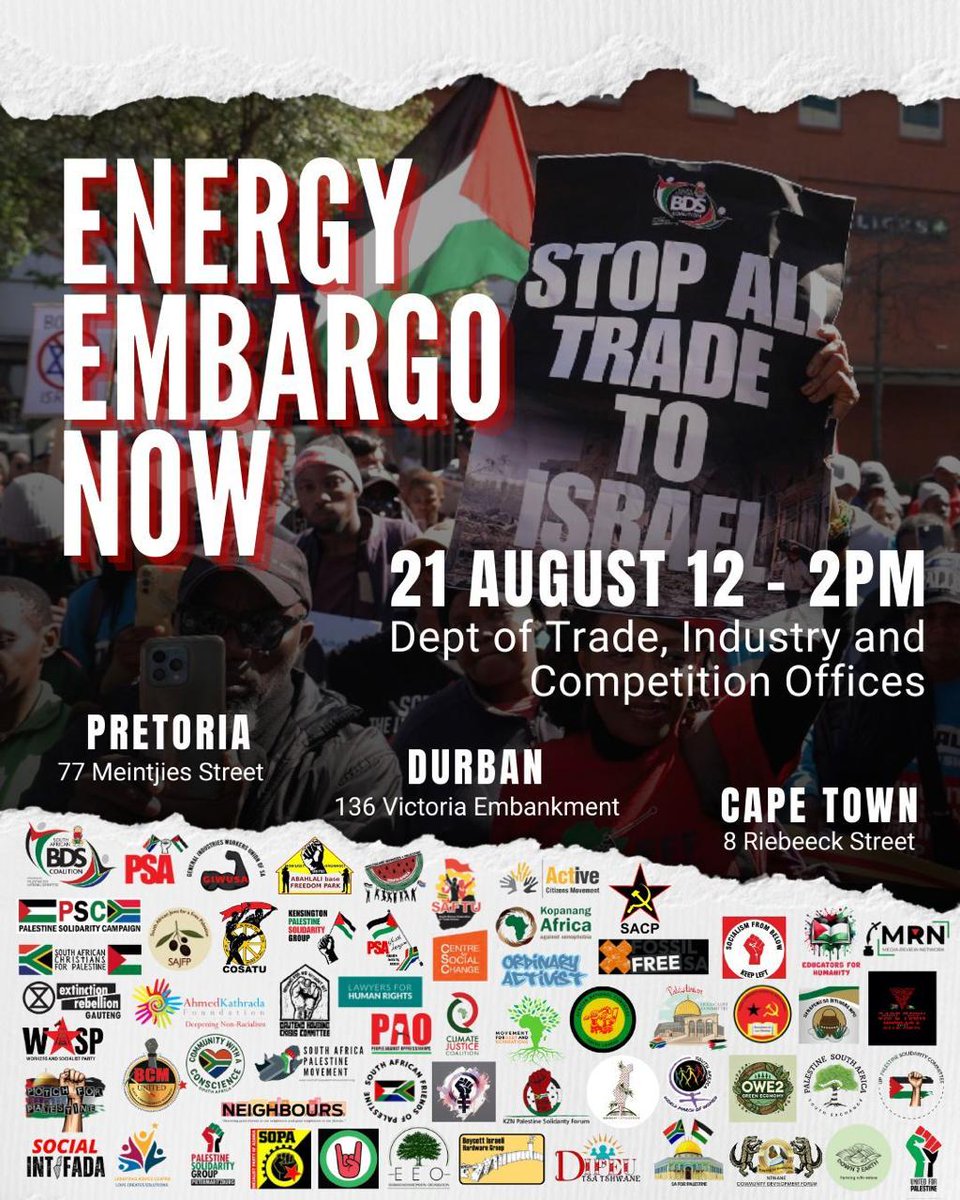 The next protest is tomorrow - August 21, 12-2pm - at Parks Tau’s trade ministry in Pretoria, Cape Town and Durban. Join us, stop the genocide! 

zabalaza4socialism.org.za/2025/08/18/sto…