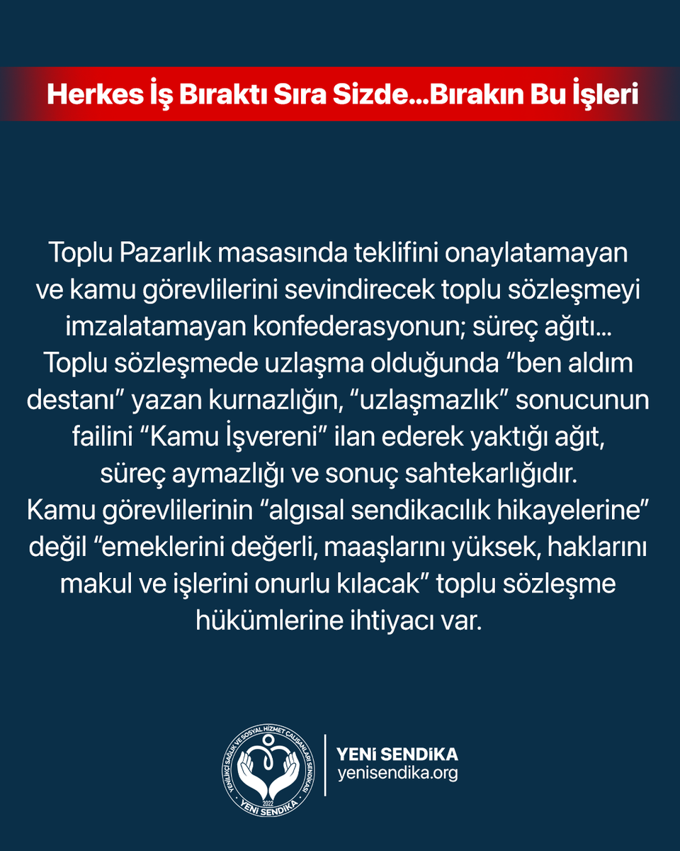 YenisendikaORG's tweet image. “Kamu Görevlileri Kaybederken, Onlar Koltuklarını Koruyor!”

Toplu sözleşme masasında kamu görevlilerine umut veremeyen, emekçilerin hakkını koruyamayan, pazarlık beceriksizliğiyle milyonları mağdur edenler; artık geniş açıklamalarla, süslü cümlelerle, gergin sendikacı pozlarıyla…