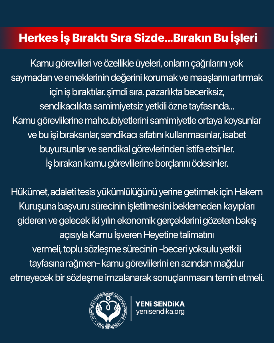 YenisendikaORG's tweet image. “Kamu Görevlileri Kaybederken, Onlar Koltuklarını Koruyor!”

Toplu sözleşme masasında kamu görevlilerine umut veremeyen, emekçilerin hakkını koruyamayan, pazarlık beceriksizliğiyle milyonları mağdur edenler; artık geniş açıklamalarla, süslü cümlelerle, gergin sendikacı pozlarıyla…