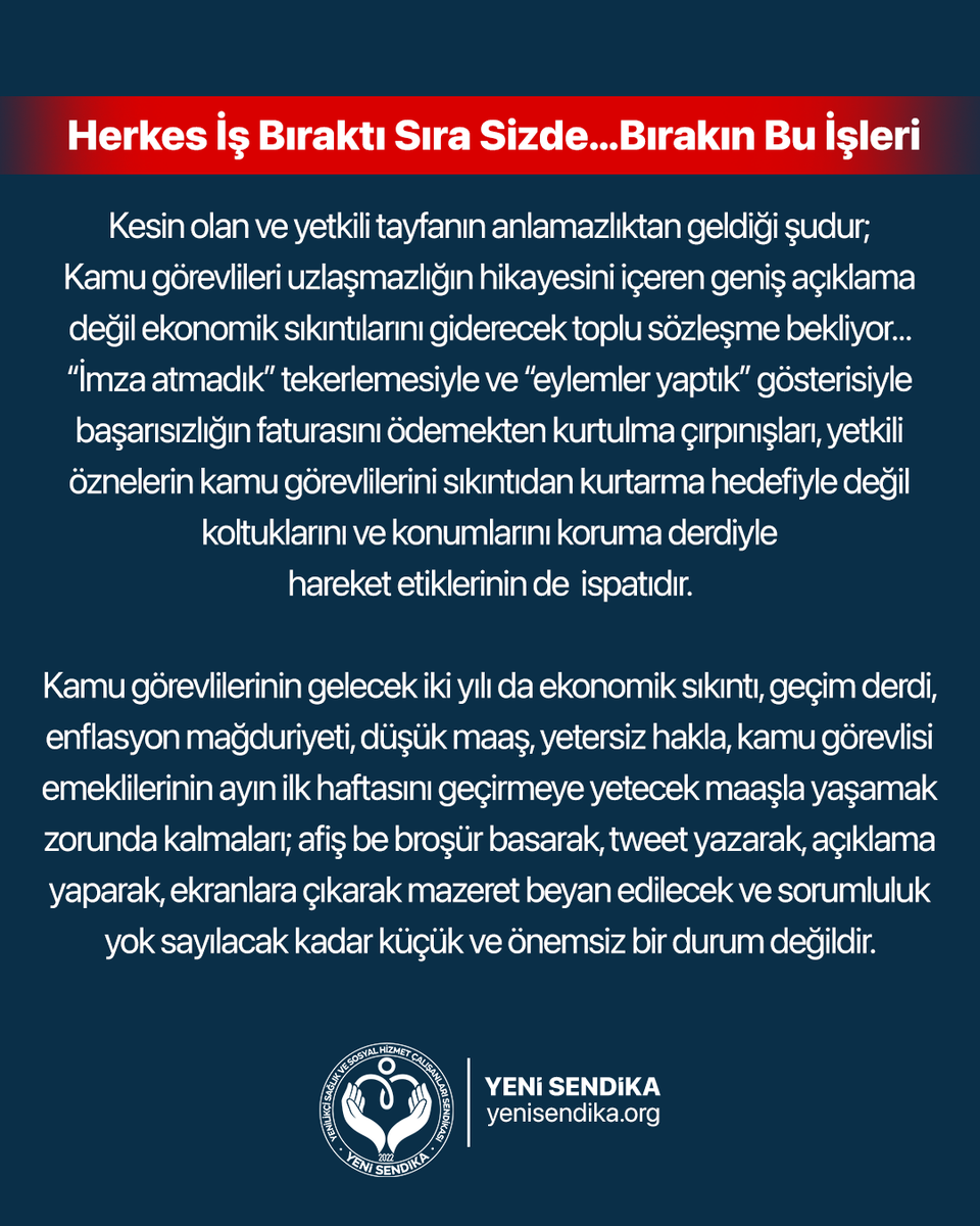 YenisendikaORG's tweet image. “Kamu Görevlileri Kaybederken, Onlar Koltuklarını Koruyor!”

Toplu sözleşme masasında kamu görevlilerine umut veremeyen, emekçilerin hakkını koruyamayan, pazarlık beceriksizliğiyle milyonları mağdur edenler; artık geniş açıklamalarla, süslü cümlelerle, gergin sendikacı pozlarıyla…