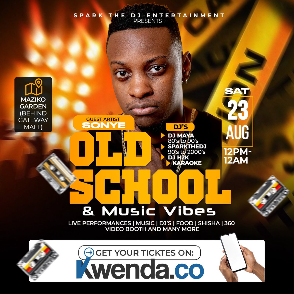 🔥 This Saturday, rewind the classics! OLD SCHOOL &amp; Music Vibes – live music, DJs, food &amp; more!

🎤 Sonye @Sonyezo | 🎧 DJ Maya, SparkTheDJ &amp; DJ H2K

📅 23 Aug
📍 Maziko Garden
⏰ 12PM–12AM

🧥 Dress Code: Black + Gold

🎫 Get your tickets on kwenda 👉🏽 kwenda.co/events/6a207c8…