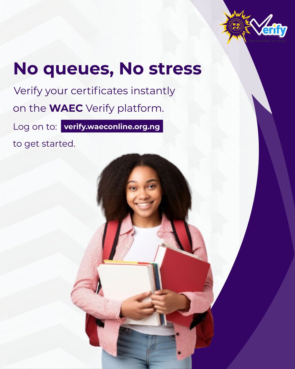 Authenticate WAEC Result (@waec_result) on Twitter photo Why stress when you can verify from the comfort of your home or office? Experience seamless verification on the WAEC Verify platform.
Log onto verify.waeconline.org.ng to get started.
📲Follow <a href="/WAEC_Result/">Authenticate WAEC Result</a> for more updates.
NB: Currently available only to candidates in Nigeria. Why stress when you can verify from the comfort of your home or office? Experience seamless verification on the WAEC Verify platform.
Log onto verify.waeconline.org.ng to get started.
📲Follow <a href="/WAEC_Result/">Authenticate WAEC Result</a> for more updates.
NB: Currently available only to candidates in Nigeria.