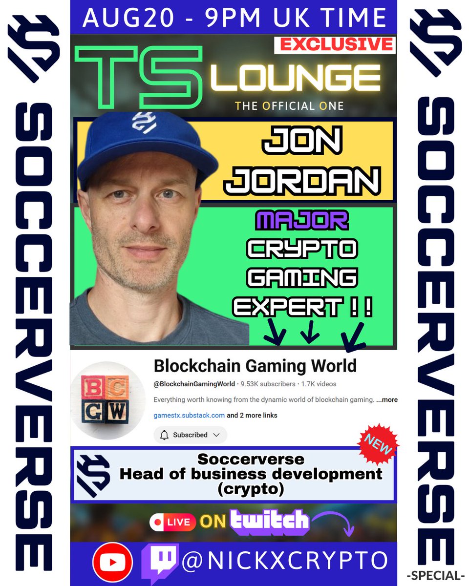 Nickx (@nickxcrypto) on Twitter photo 📢 HUGE GUEST TONIGHT <a href="/soccerverse/">Soccerverse</a> LOUNGE!
New Head of Business Development (crypto) big boss Jon Jordan <a href="/blockchaingmg/">jon jordan</a> is joining us for a casual chat about all things Soccerverse, Blockchain Gaming World (pun totally intended!) and for your questions !
👀You don't wanna miss 📢 HUGE GUEST TONIGHT <a href="/soccerverse/">Soccerverse</a> LOUNGE!
New Head of Business Development (crypto) big boss Jon Jordan <a href="/blockchaingmg/">jon jordan</a> is joining us for a casual chat about all things Soccerverse, Blockchain Gaming World (pun totally intended!) and for your questions !
👀You don't wanna miss