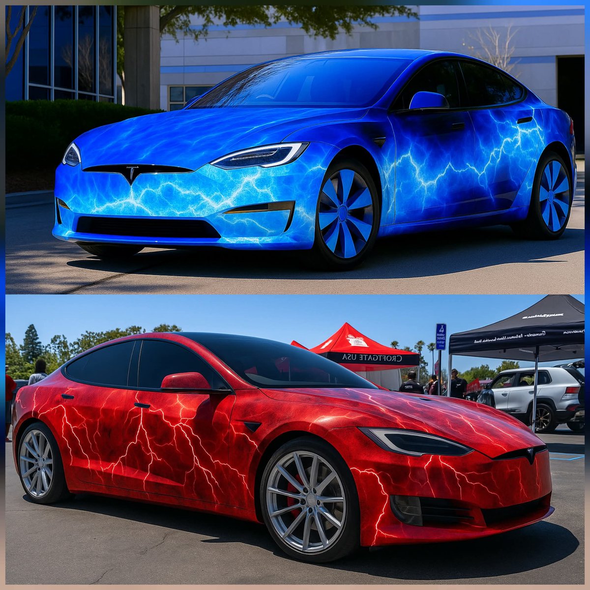 teslacarsonly's tweet image. Tesla Blue or Red lightning?