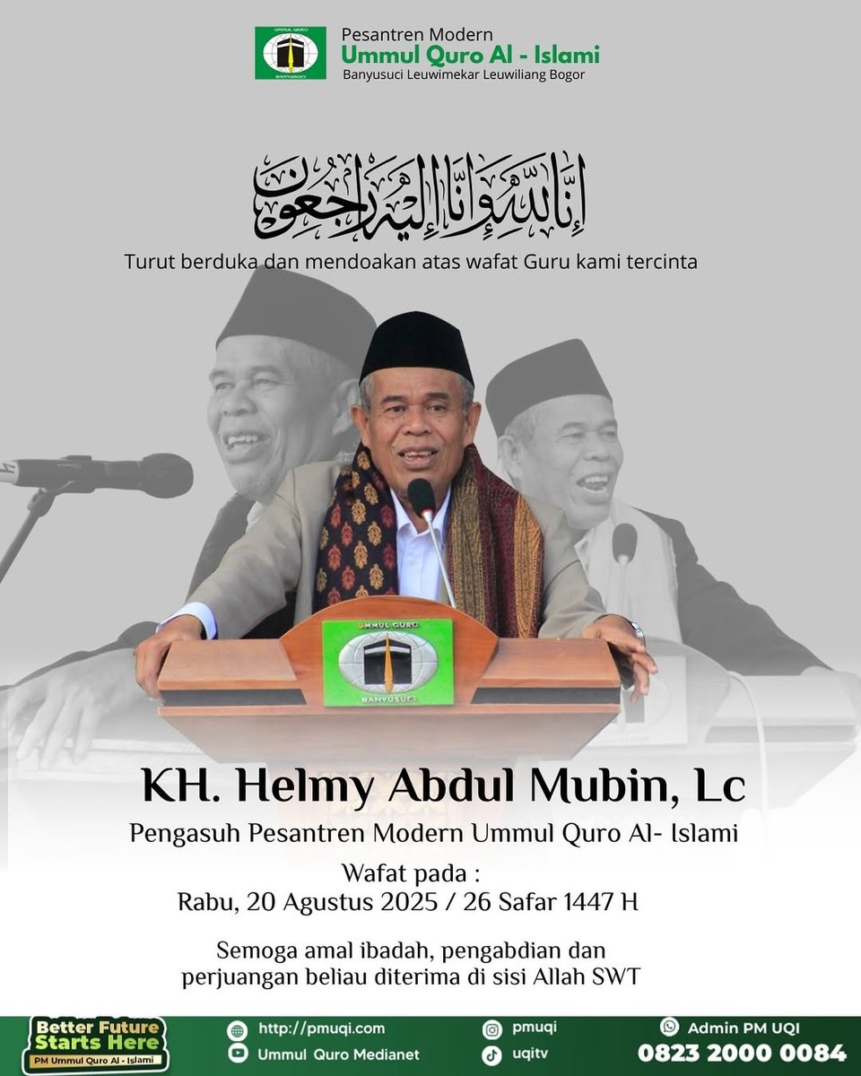 Innalillahi wa Inna ilaihi Raji'un
Telah berpulang ke Rahmatullah Ayahanda dan Guru kita semua KH. Helmy Abd Mubin, Lc
Mohon do'a dan keikhlasannya untuk membaca surah Al-Fatihah, semoga Al-Marhum dijadikan Ahli Syurga, dan diampuni segala dosa dosanya.
Aamiin allahumma aamiin