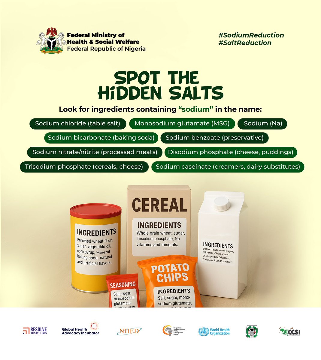 Read Food Labels‼️

Why❓

Salt isn’t just what you sprinkle on your food. Many packaged foods hide “sodium” in different scientific terms. 

These hidden salts increase your risk of high blood pressure, stroke, and heart disease. 

Going shopping? Read the labels!