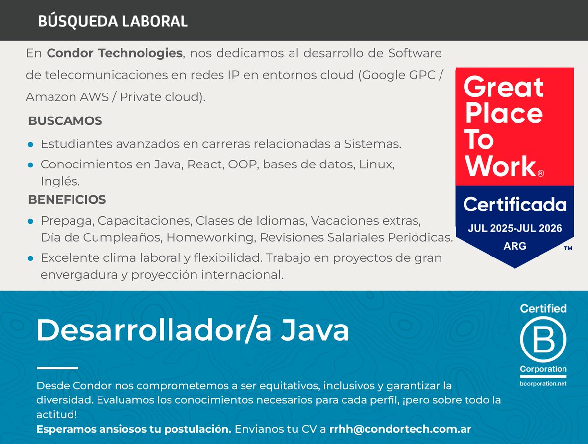 Condortech's tweet image. 👉#BusquedaLaboral

📌Tenemos 2️⃣ búsquedas activas - Postulate!

#BackendDeveloper #JavaDeveloper

📤 Enviá tu CV a rrhh@condortech.com.ar

¡Esperamos tu postulación! 😊