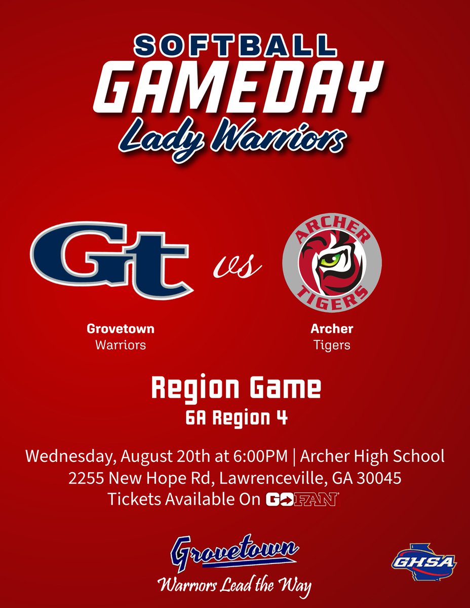 Grovetown HS Softball (@grovetownsb) on Twitter photo Big Game! Lady Warriors head to Lawrenceville to take on our region rivals!
• 🆚 Archer Tigers
• ⏰ 6:00pm
• 🏟️ Archer HS
• 🎟️ Purchase tickets on GoFan
<a href="/CheneyAUG/">Will Cheney</a> <a href="/AlyssaCLyons/">Alyssa Lyons</a> <a href="/GabrielCStovall/">Gabriel Stovall</a> <a href="/WJBFSports/">WJBF Sports</a> <a href="/GiannaCefaluTV/">Gianna Cefalu</a> <a href="/AugPressSports/">Augusta Press Sports</a> <a href="/TheCoachesBoxGA/">Coaches Box Georgia</a> <a href="/ExtraInningSB/">EXTRA INNING SOFTBALL</a> Big Game! Lady Warriors head to Lawrenceville to take on our region rivals!
• 🆚 Archer Tigers
• ⏰ 6:00pm
• 🏟️ Archer HS
• 🎟️ Purchase tickets on GoFan
<a href="/CheneyAUG/">Will Cheney</a> <a href="/AlyssaCLyons/">Alyssa Lyons</a> <a href="/GabrielCStovall/">Gabriel Stovall</a> <a href="/WJBFSports/">WJBF Sports</a> <a href="/GiannaCefaluTV/">Gianna Cefalu</a> <a href="/AugPressSports/">Augusta Press Sports</a> <a href="/TheCoachesBoxGA/">Coaches Box Georgia</a> <a href="/ExtraInningSB/">EXTRA INNING SOFTBALL</a>
