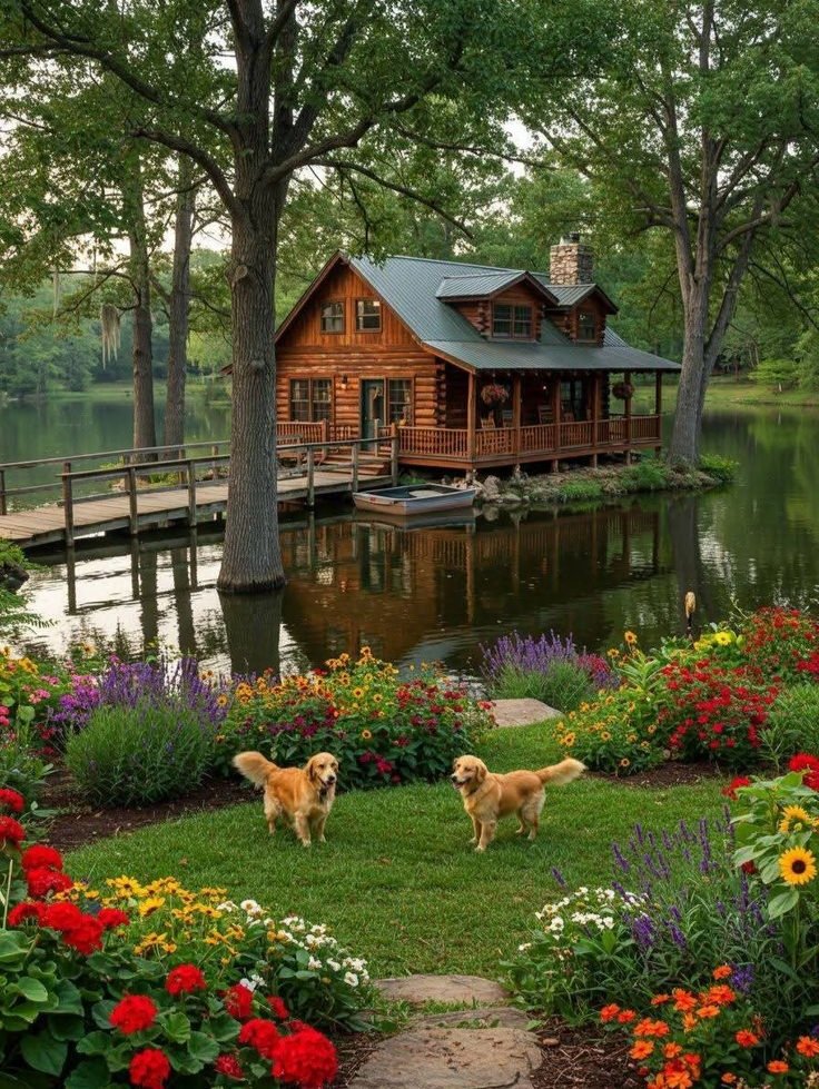 Маленький дом под деревьями на берегу озера.