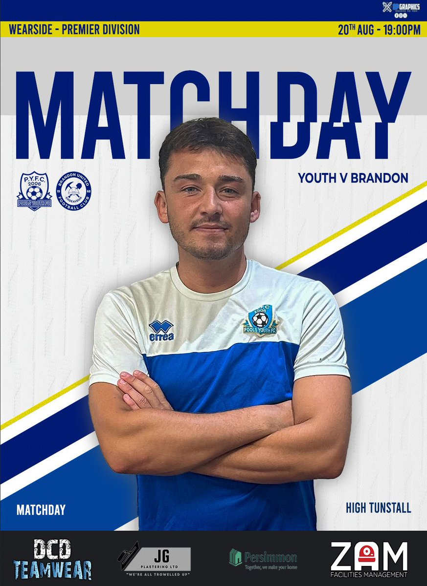 Hartlepool Pools Youth FC Seniors (@pyfc_seniors) on Twitter photo ๐ช ๐๐๐๐๐๐๐๐ ๐ช
๐ Brandon United  
๐ Wearside Premier Div 
๐ High Tunstall School, TS26 0LQ  
โฐ 7pm
๐๏ธ ยฃ3 ยฃ1
๐ค DCD Teamwear, ZAM FM LTD, Persimmon Homes, JG Plastering, Racz Group
๐ต UTPY โช๏ธ ๐ช ๐๐๐๐๐๐๐๐ ๐ช
๐ Brandon United  
๐ Wearside Premier Div 
๐ High Tunstall School, TS26 0LQ  
โฐ 7pm
๐๏ธ ยฃ3 ยฃ1
๐ค DCD Teamwear, ZAM FM LTD, Persimmon Homes, JG Plastering, Racz Group
๐ต UTPY โช๏ธ