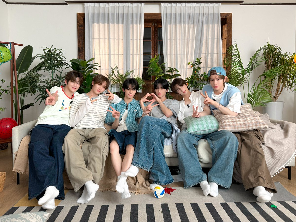 ᅠ 
There’s a certain beauty in simple things, piling onto one couch with my hyungs. Feet in the air, pillows everywhere, and pretending it’s a normal day… even though it feels like the best day. 🤍🌿
ᅠ