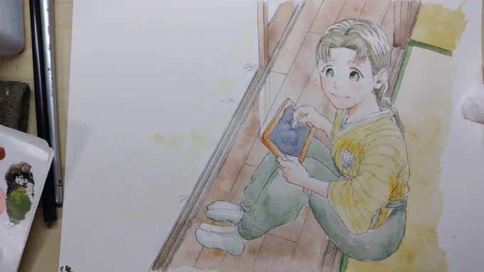 サムネの制作過程です。 ①コピー用紙に下絵 ②水彩用紙にトレス ③影を意識しつつ全体を塗る ④細かく描き込む。 画材は透明水彩絵の具と、今作からアルシュという水彩用紙を使ってるのですが、値段が値段だけあってりやすかったです。