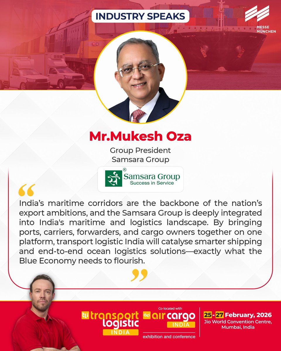 As a member of the Advisory Board for transport logistic India 2026, Mr. Oza explains how the exhibition would act as a catalyst for smarter shipping and end-to-end ocean logistics solutions, paving the way for the growth of India’s Blue Economy.  

#logisticsleaders