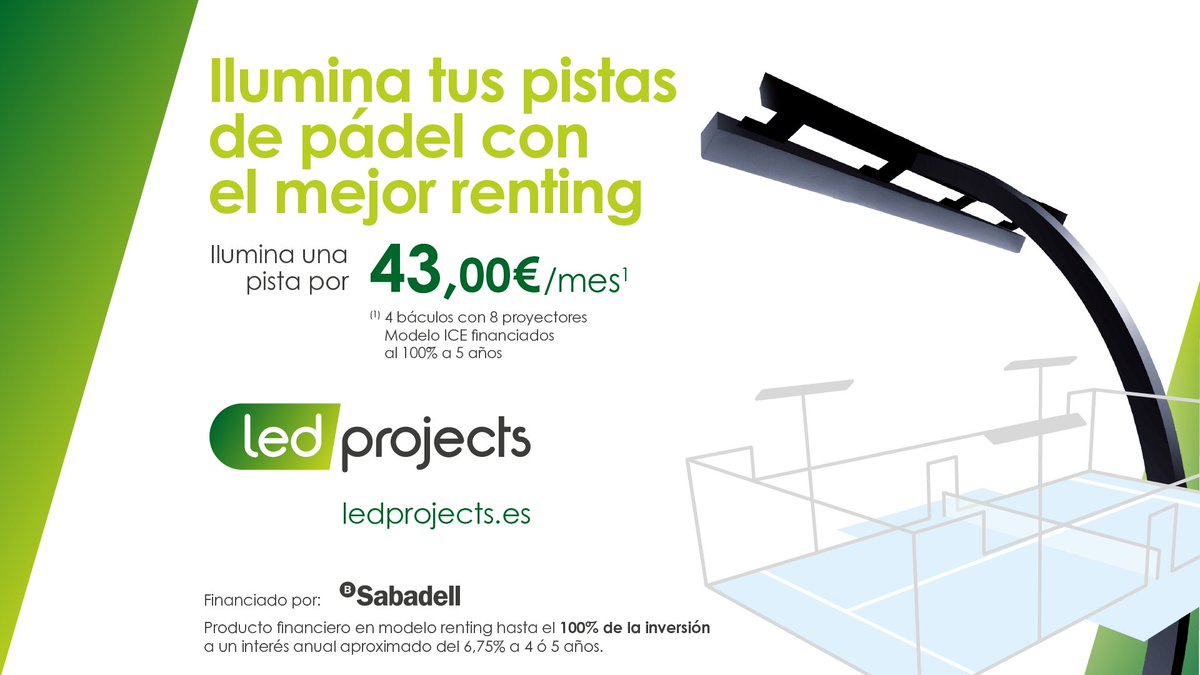 LedProjects's tweet image. 💡 Llévate la mejor iluminación para tu pista de #pádel con la financiación del Banco Sabadell.
Desde 43,00 €/mes, accede a tecnología profesional LED Projects: confort visual, precisión y cumplimientos normativos.
Ilumina hoy. Paga cómodamente.
Info -> ledprojects.es/financiacion-i…