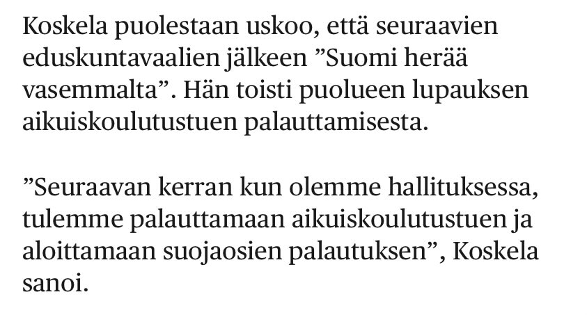 Ihanan keskiluokkaista!

Vasemmistoliiton keskeinen lupaus on palauttaa hyvin toimeentulevia palveleva, huonosti kohdistuva ja kallis tuki.