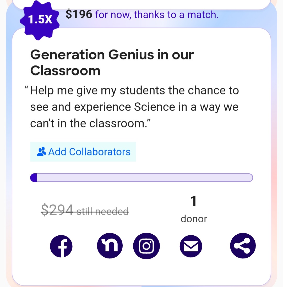 marcie comtois (@marcie_comtois) on Twitter photo Today my <a href="/DonorsChoose/">DonorsChoose</a> has a match. I am hoping to renew my subscription to Generation Genuis to help my students as I travel room to room with our Science Curriculum. This program is a great way for my students to see things I can not do in class. Any help today is being Today my <a href="/DonorsChoose/">DonorsChoose</a> has a match. I am hoping to renew my subscription to Generation Genuis to help my students as I travel room to room with our Science Curriculum. This program is a great way for my students to see things I can not do in class. Any help today is being