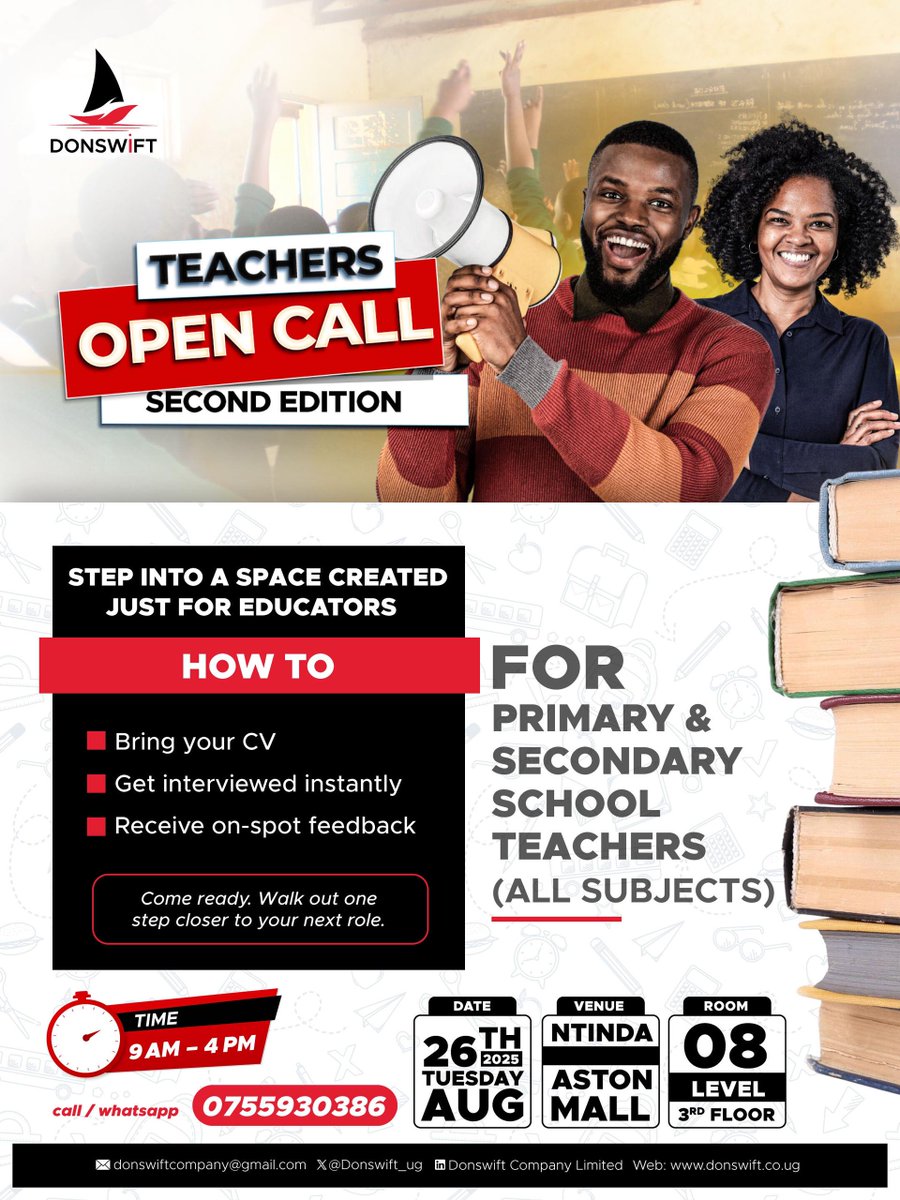Donswift_ug's tweet image. Teachers, the wait is over! 💃💃💃💃

Our Second Edition Open Call is here😎
Bigger, better, and designed just for you!

Walk in, meet us, and get instant feedback.
                Mark your calendar✍️

 See you 🫵 there.

#DonSwift #teachers #Hiring