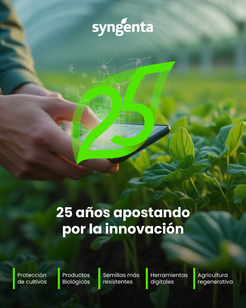 💡La #innovación ha sido el motor de nuestro trabajo durante estos 25 años. 

Apostar por la investigación y la tecnología nos ha permitido mejorar la productividad y rentabilidad agrícola, reducir el impacto ambiental y avanzar hacia un futuro más sostenible. 🍃

#Syngenta25