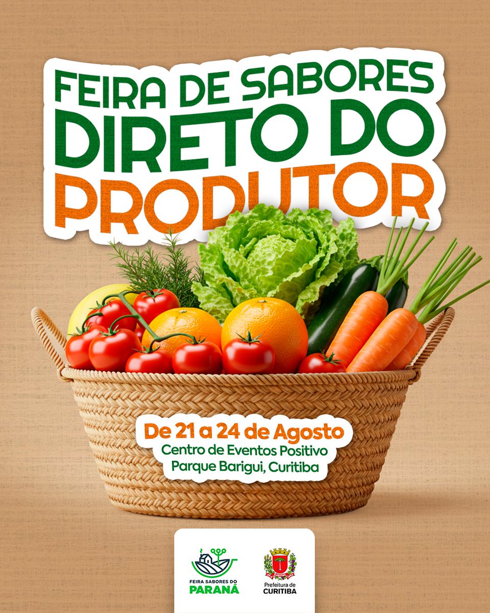Direto do campo para a sua mesa! 🤩💚

De 21 a 24 de agosto, o Parque Barigui recebe a Feira de Sabores do Paraná, com produtos fresquinhos e de qualidade, direto do produtor para você.
📍Centro de Eventos Positivo – Parque Barigui

#PrefeituraDeCuritiba #Curitiba #FeiraDeSabores