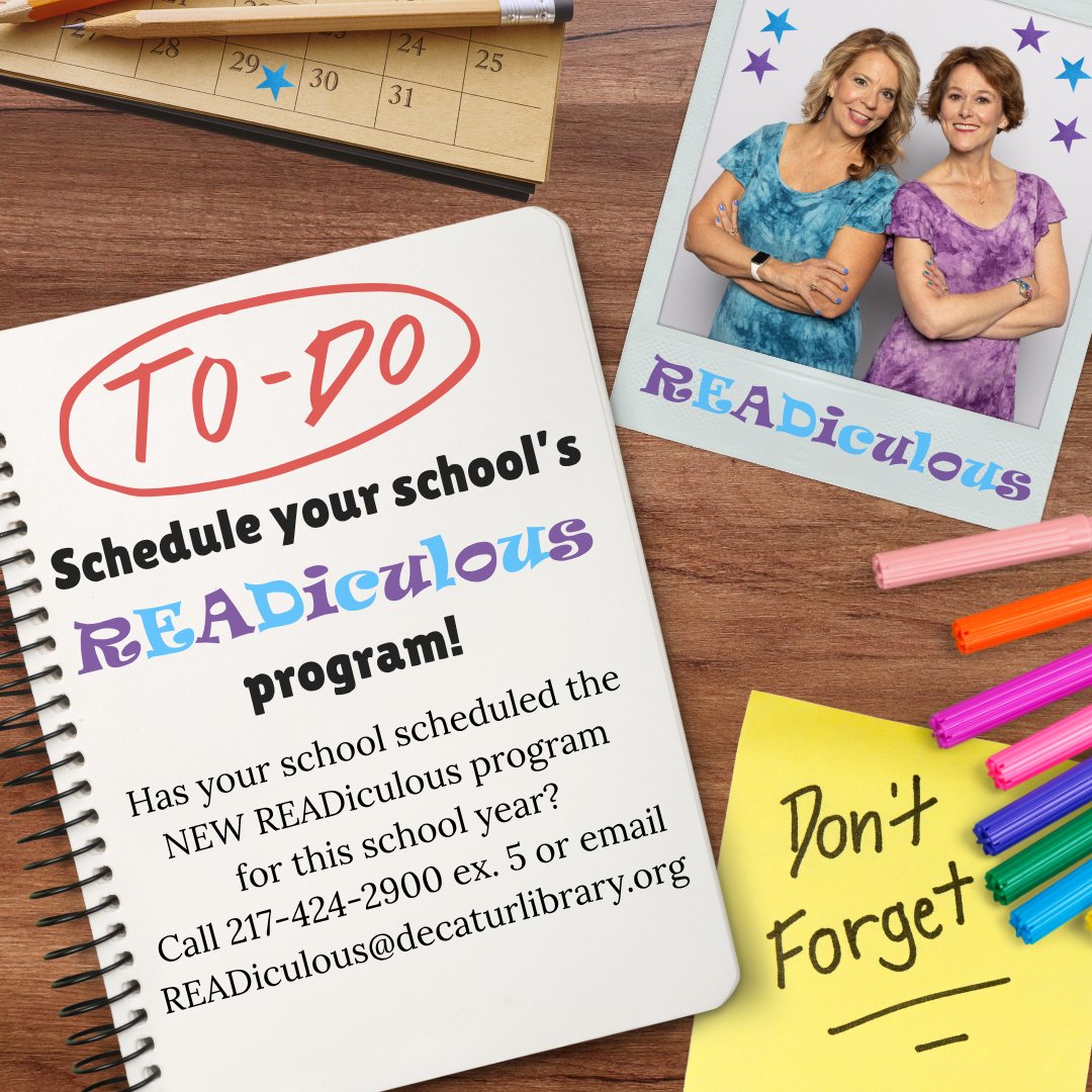 Has your grade school scheduled a READiculous assembly? If not, it's time to get your free assembly scheduled! Call 217-424-2900 ext 5 or email READiculous@decaturlibrary.org! To learn more about READiculous, visit decaturlibrary.org/READiculous