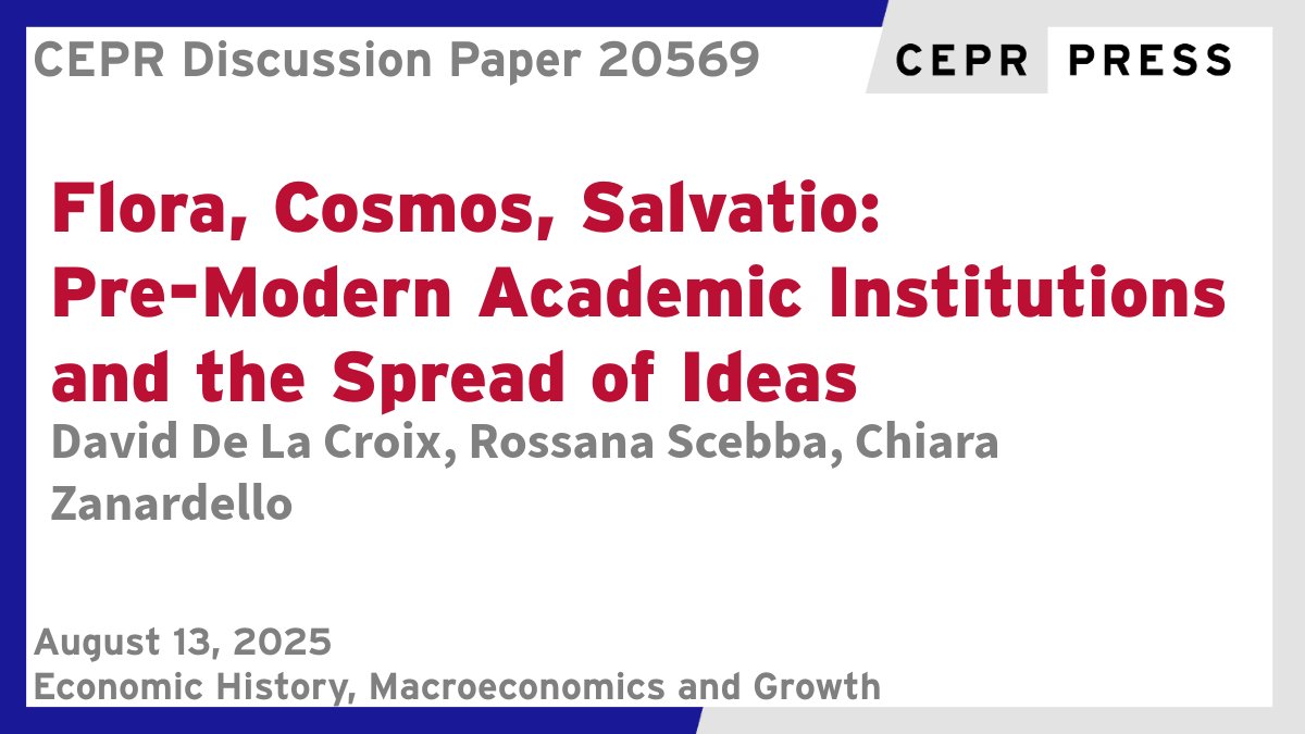 New CEPR Discussion Paper - DP20569
Flora, Cosmos, Salvatio: Pre-Modern Academic Institutions and the Spread of Ideas
David De La Croix, Rossana Scebba, Chiara Zanardello @LIDAM_UCLouvain 
ow.ly/9Myl50WFQvx
#CEPR_EH #CEPR_MG #EconTwitter