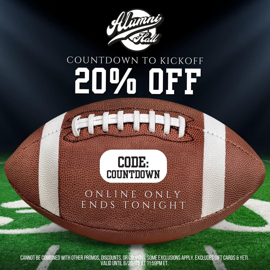 Score BIG with 20% off your online purchase! 🏈 Today ONLY - ends at midnight!
alumnihall.com